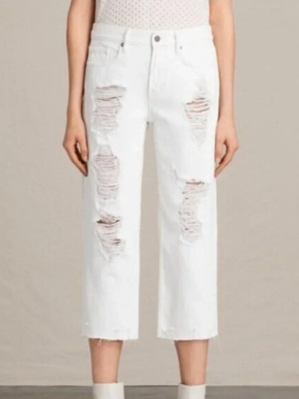 All Saints Women's White Jeans Distressed Straight Leg Denim high rise Festival